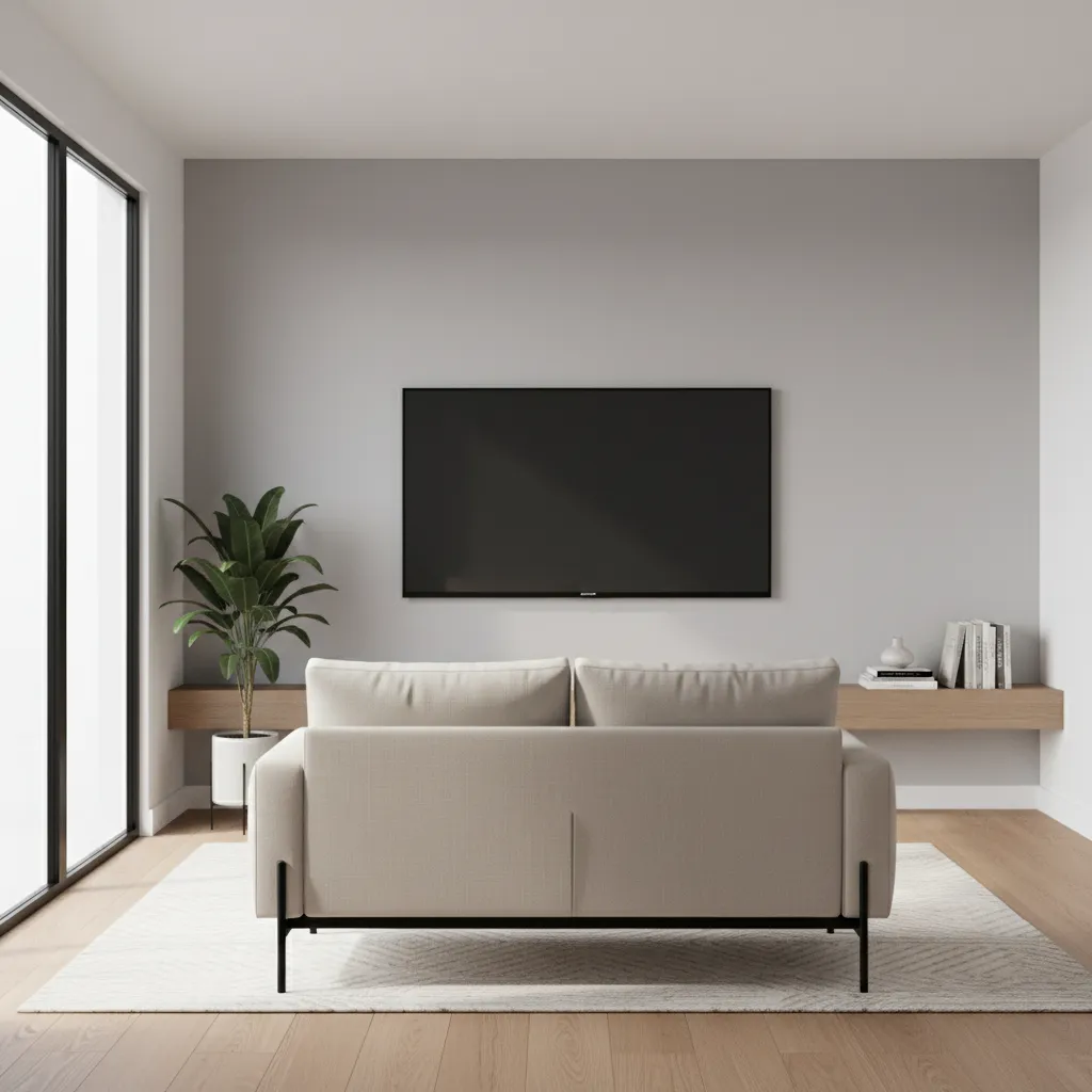 Small living room with large wall mounted TV and compact sofa layout