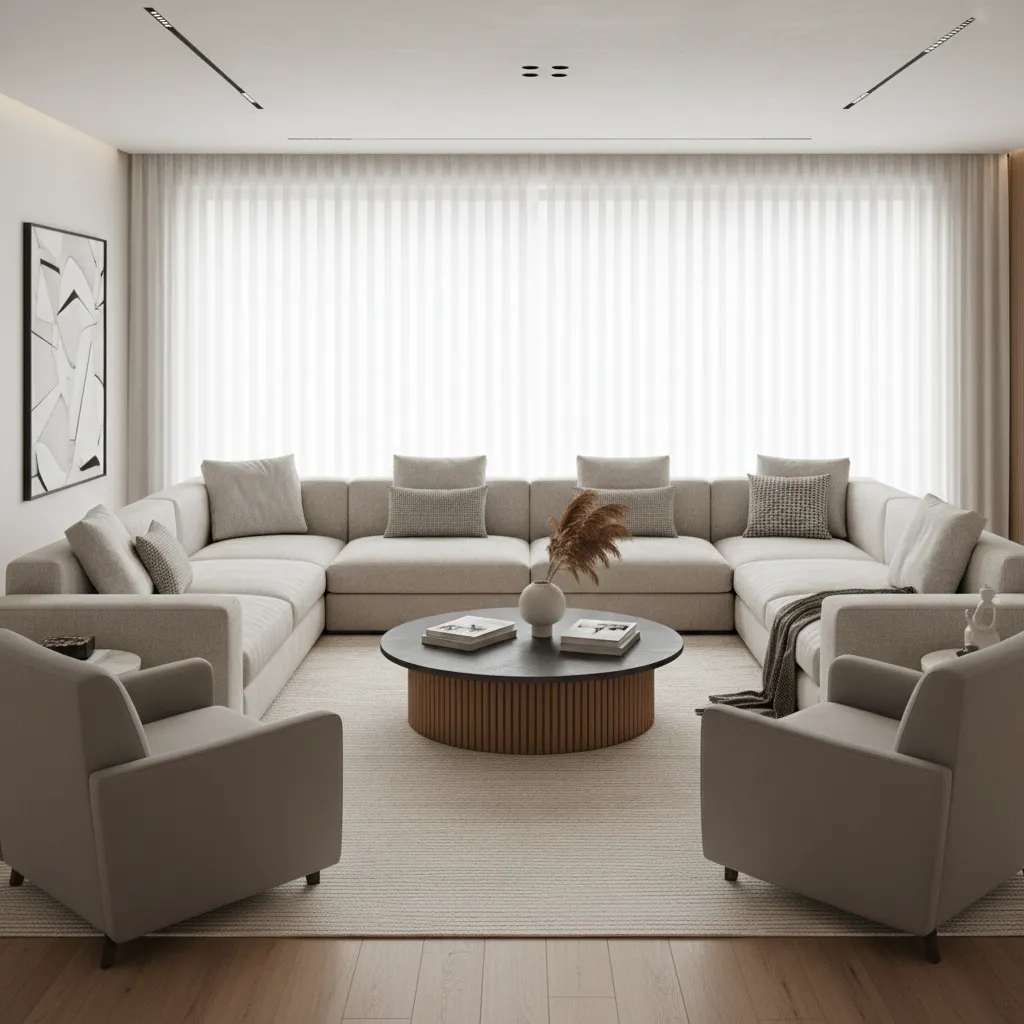 Large U shaped sofa conversation layout with central coffee table