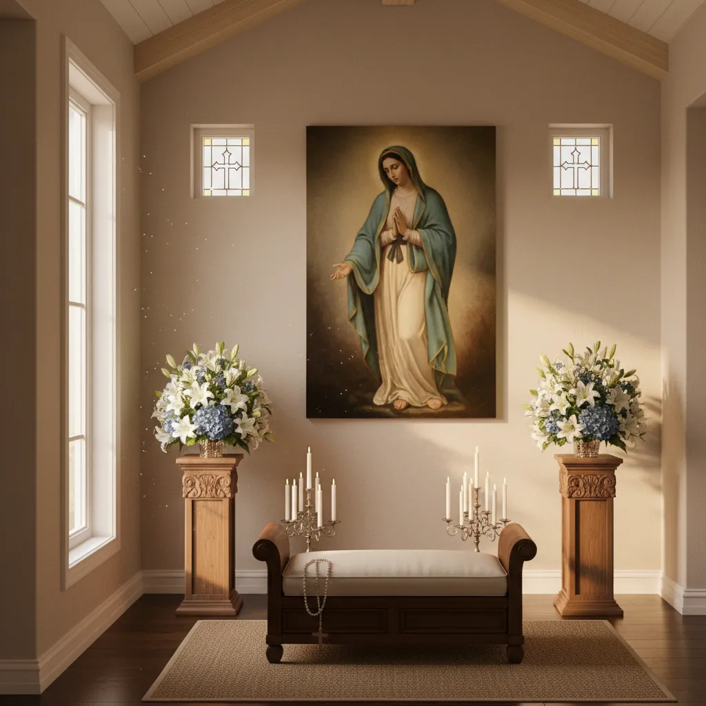 Large Virgin Mary canvas above a home prayer altar