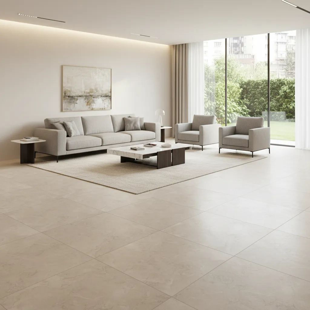 Living room interior featuring large vitrified tiles and modern furniture layout
