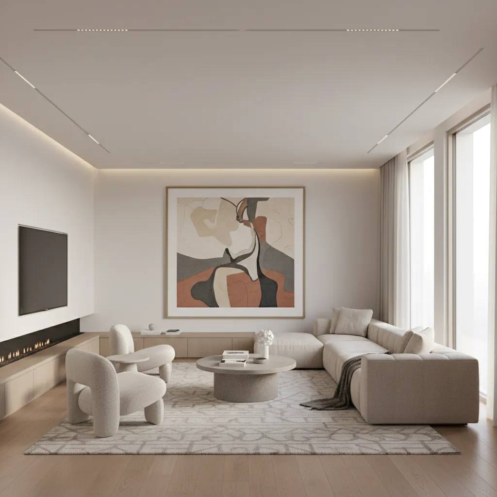 Large framed wall art installed above sofa in modern living room