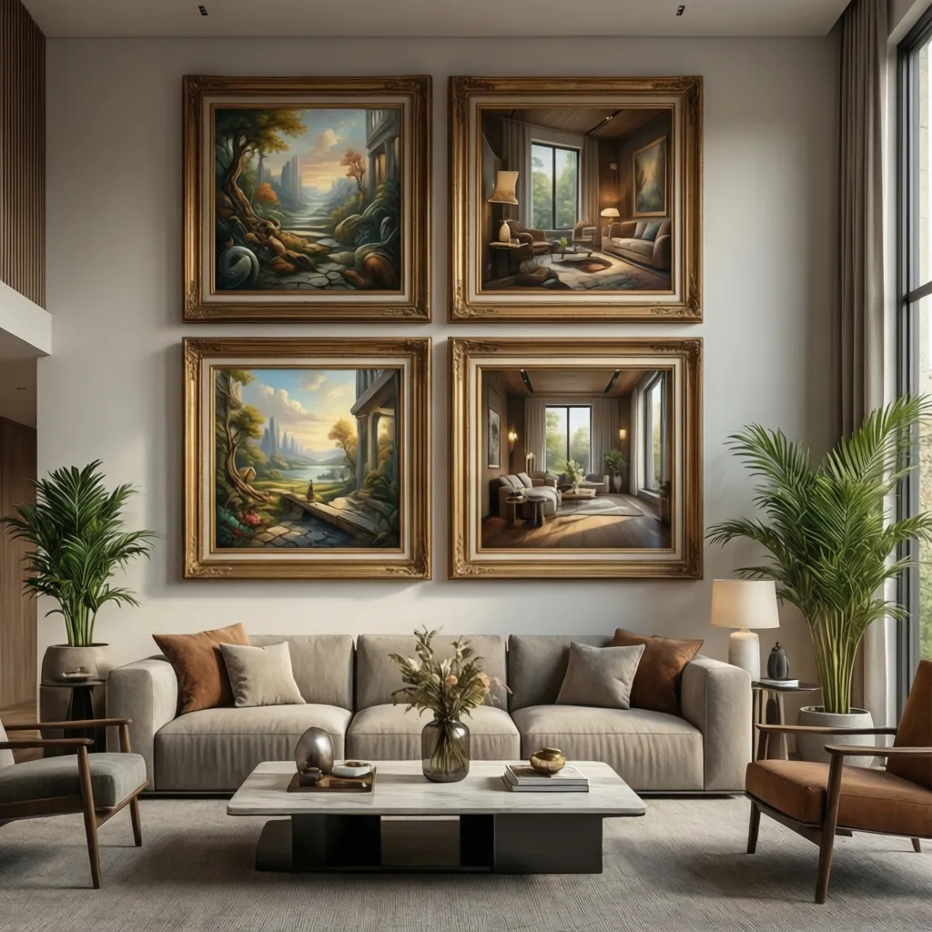 four large frames spaced wider above a living room sofa