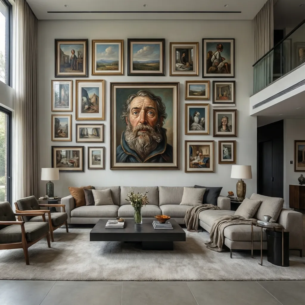 Large living room wall featuring structured gallery wall layout with anchor frame