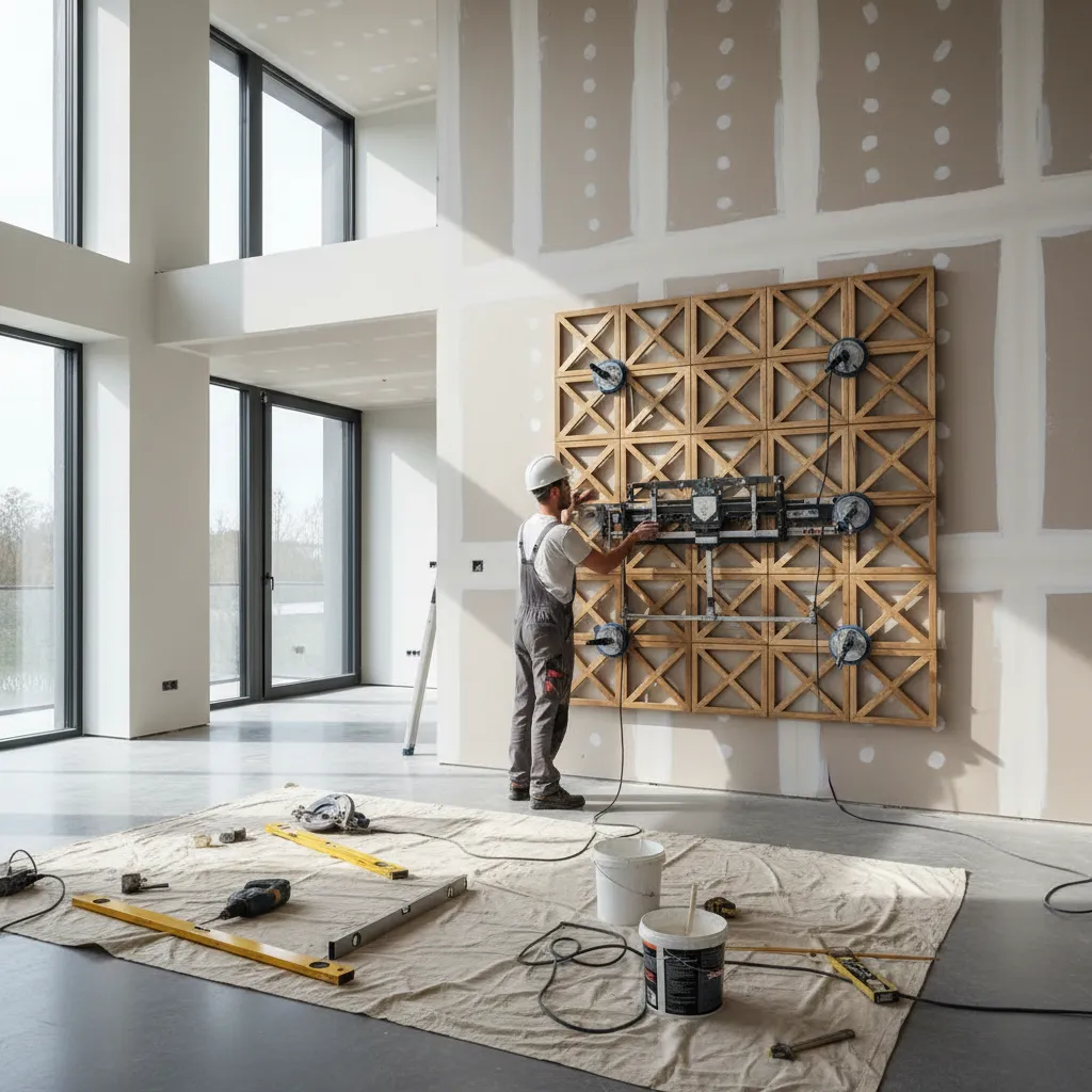 Installer positioning large decorative wall panel on interior wall frame