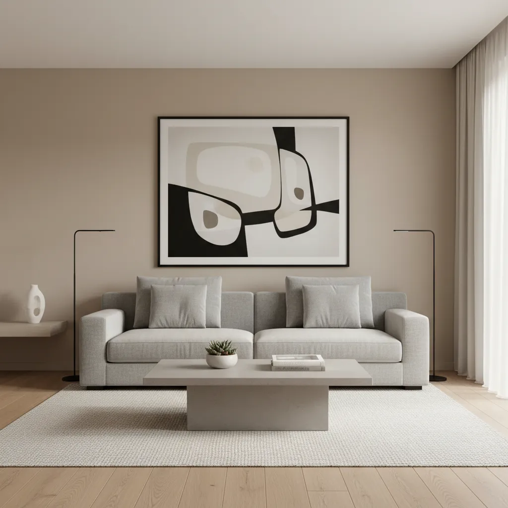 Gran fotografía artística colocada encima de un sofá en un salón moderno