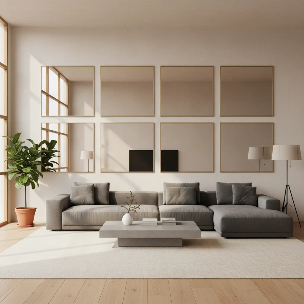 Large living room wall featuring square mirrors spaced widely for balance
