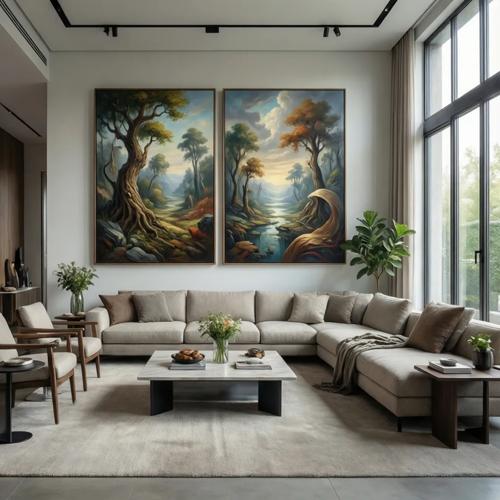 Large living room wall with oversized paired paintings scaled properly above furniture