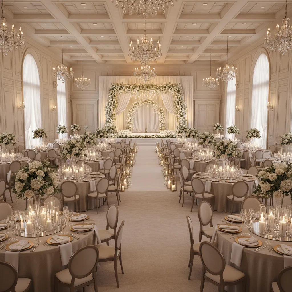 Large wedding hall seating layout with stage focal point and arranged guest tables