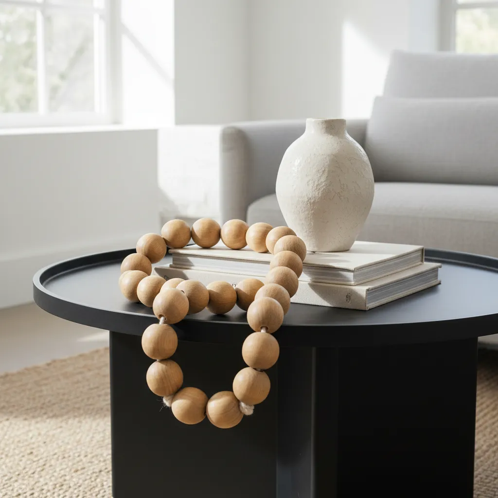 Large wooden bead garland decorating a coffee table in a contemporary home
