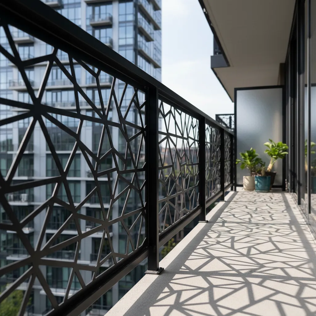 Laser cut metal balcony grill panel with geometric pattern
