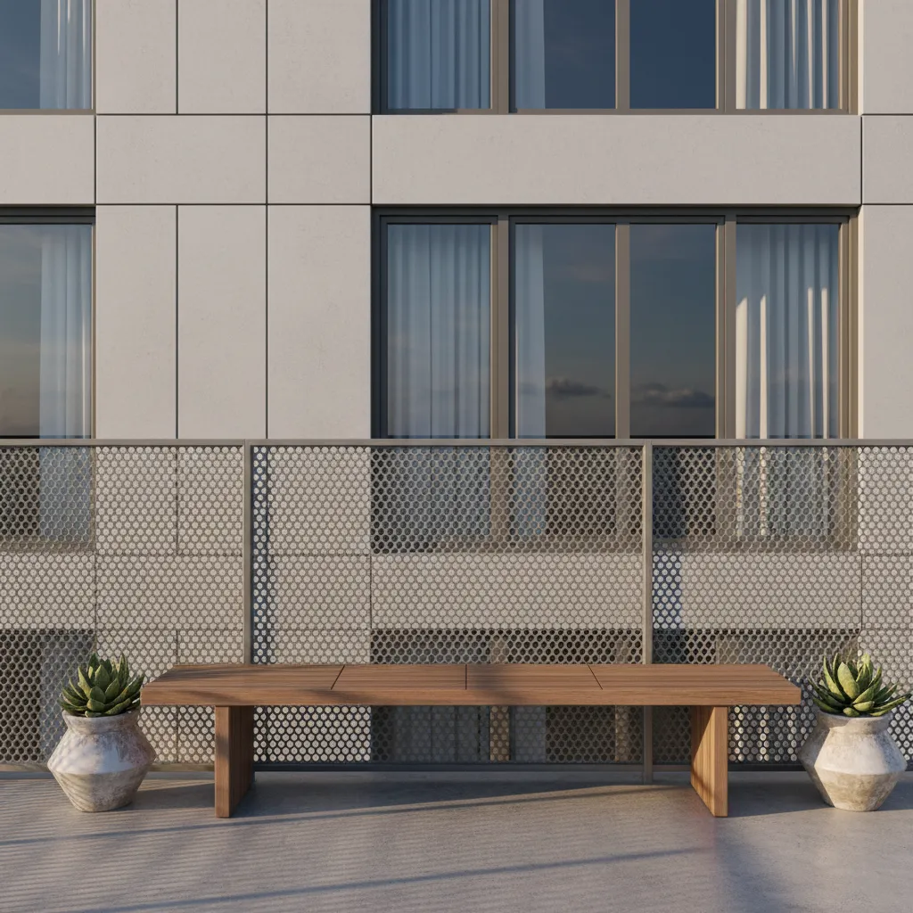 Decorative laser cut metal balcony grill panel with geometric pattern