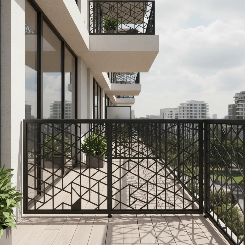modern balcony railing with decorative laser cut metal panel