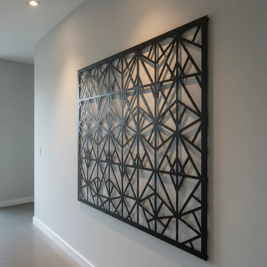 Close view of geometric laser cut wall panel pattern design
