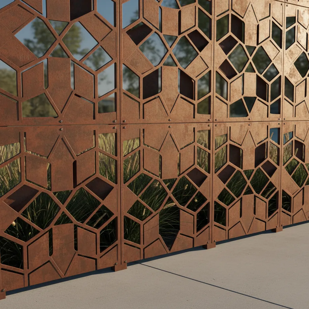 Decorative laser cut metal compound wall panel with geometric pattern