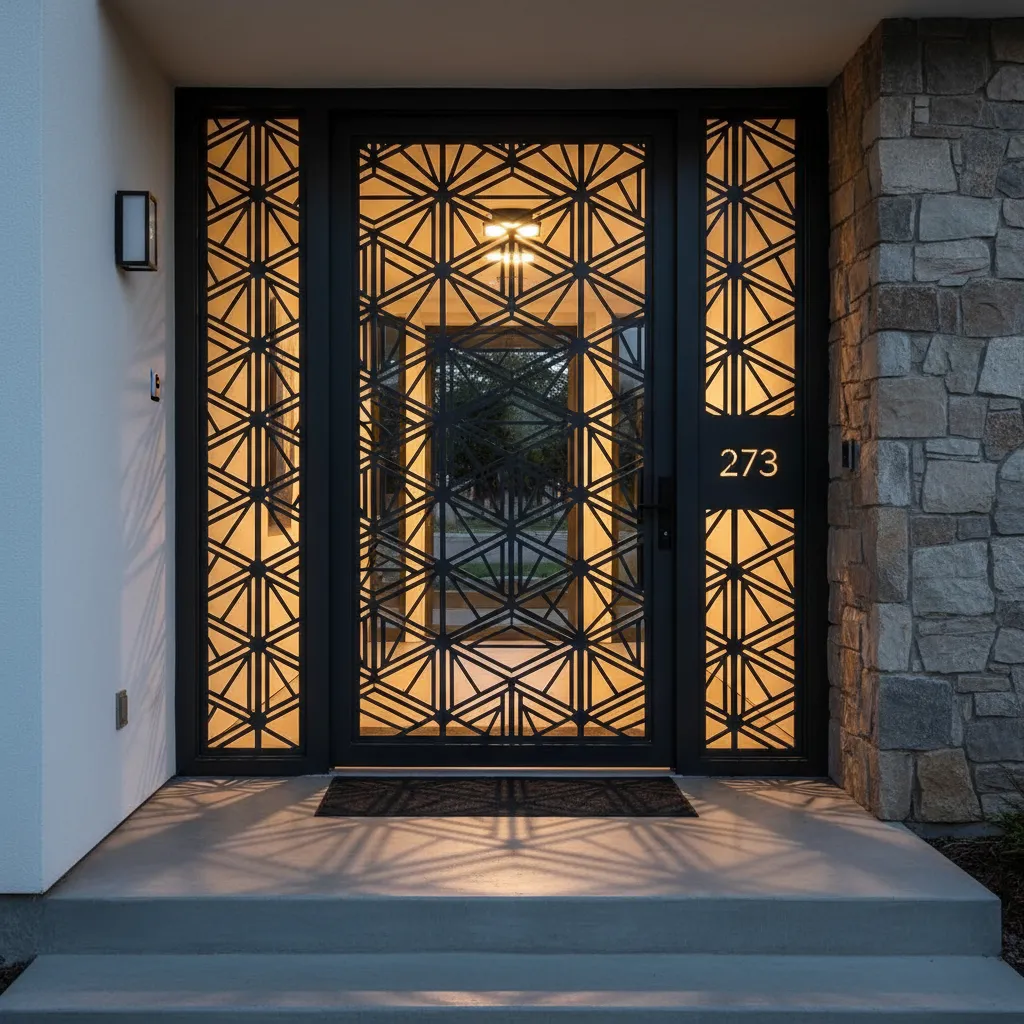 Puerta metálica con diseño de corte láser decorativo