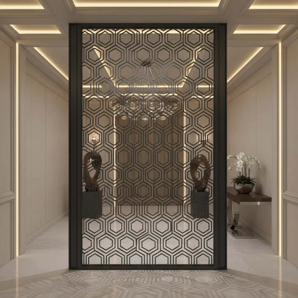 decorative laser cut metal grill partition between foyer and living room