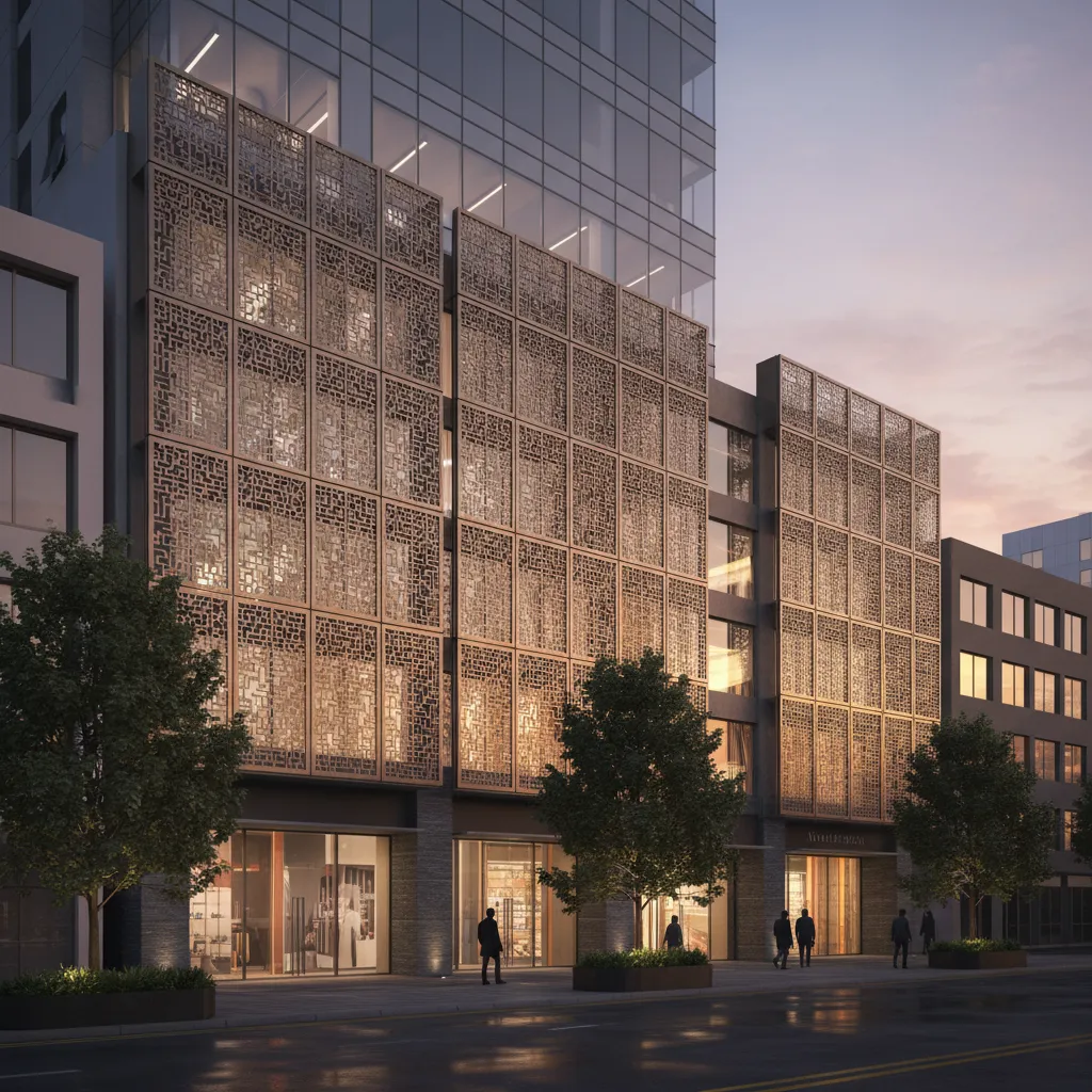 modern building facade with laser cut metal jali screen panels