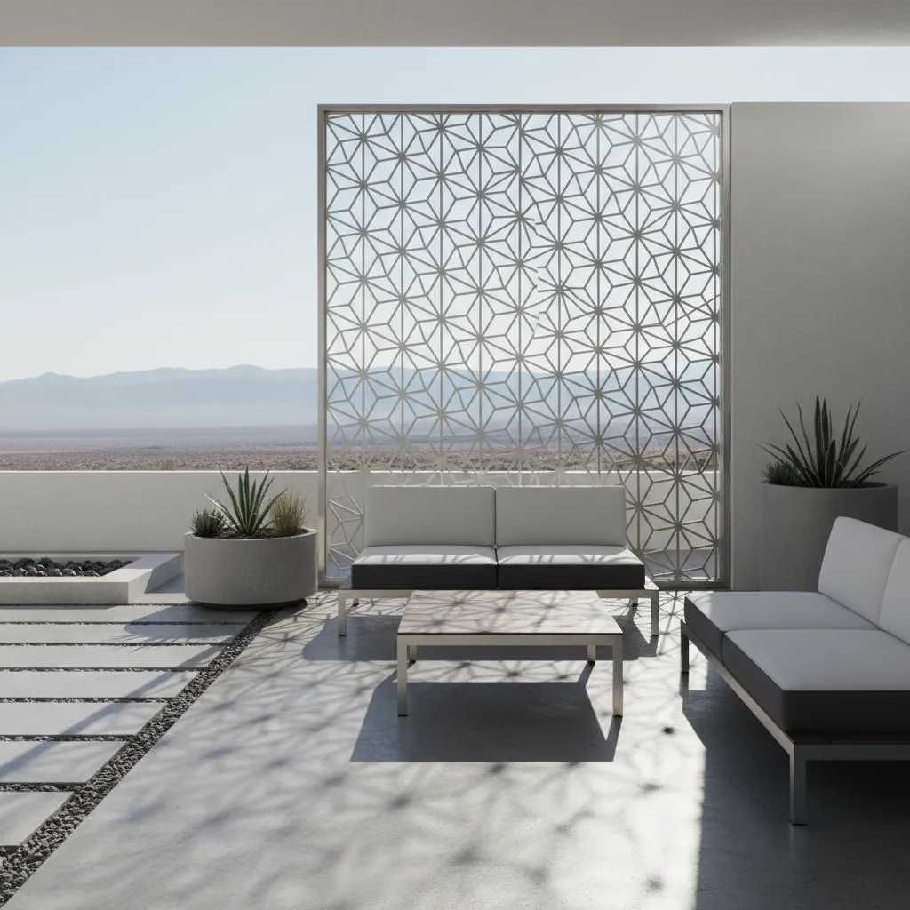 Decorative laser cut metal privacy screen on modern patio