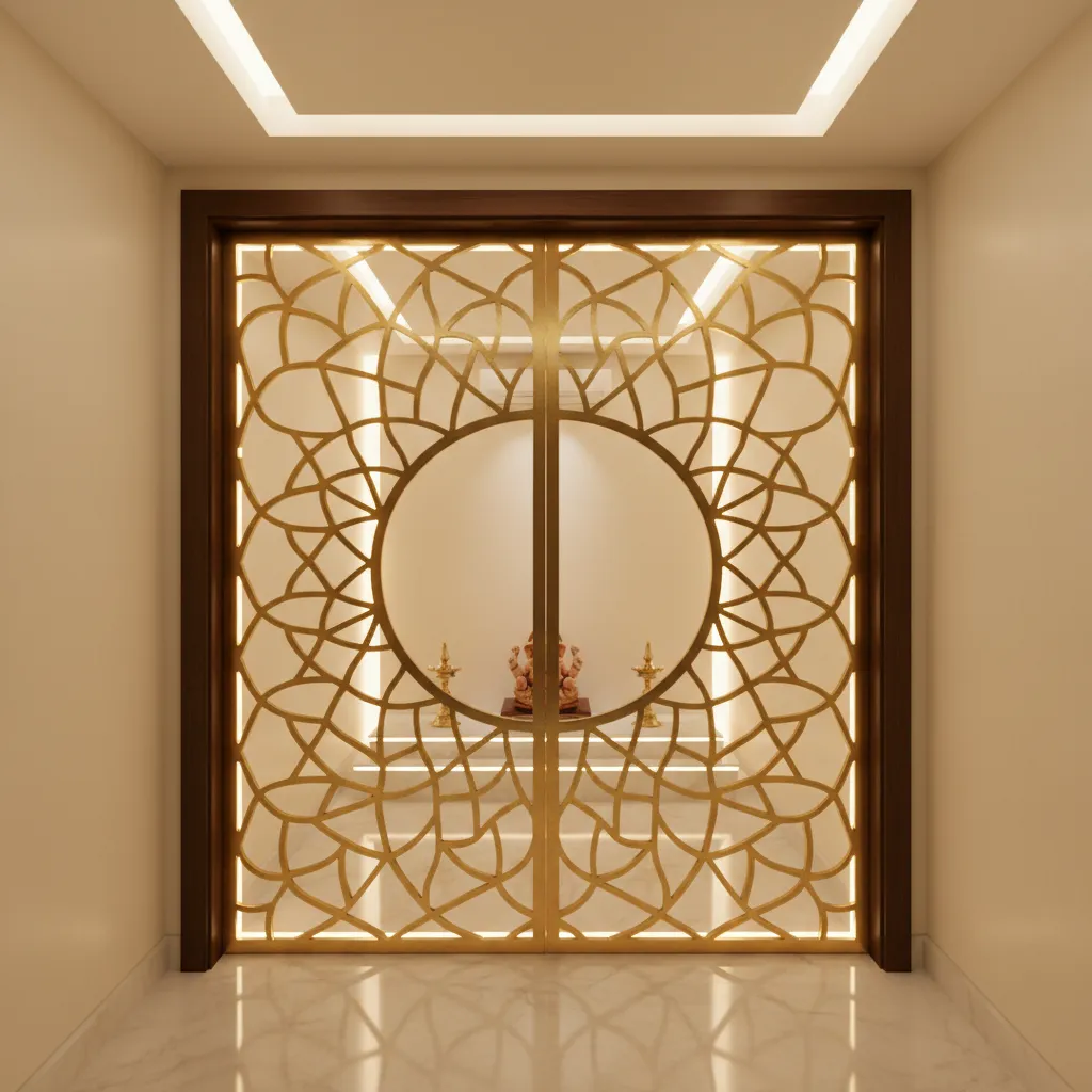 Laser cut metal panel pooja room door with geometric spiritual pattern