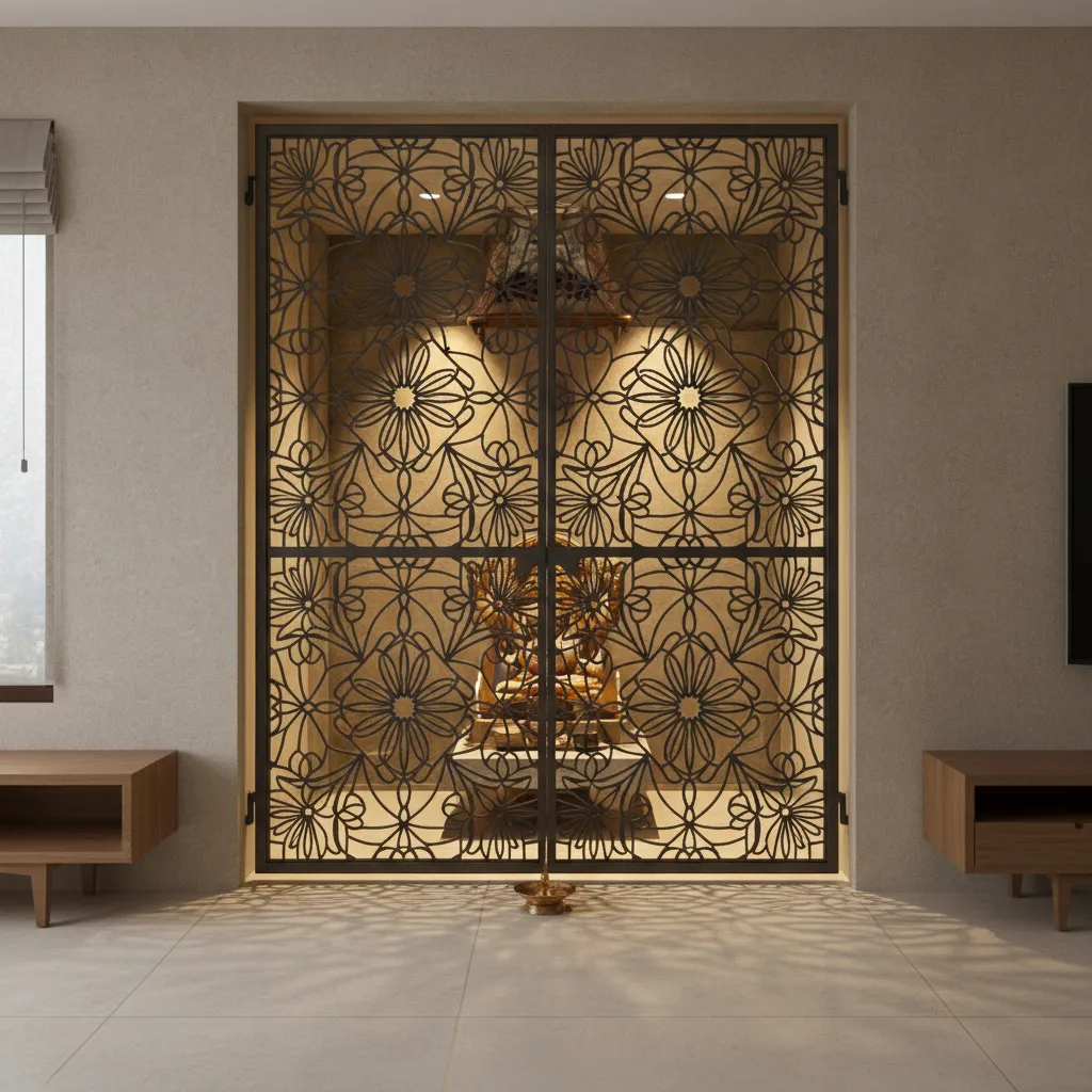 laser cut metal pooja room gate with lotus pattern