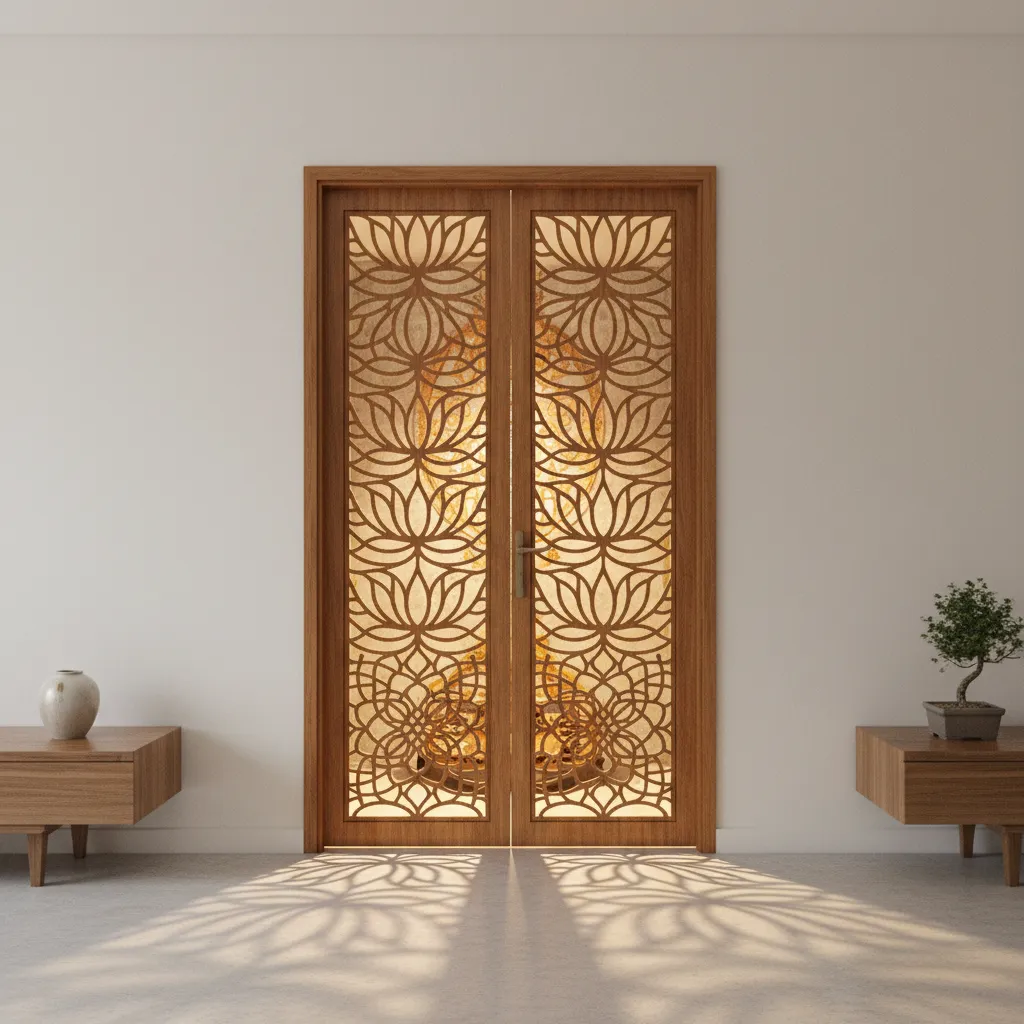 decorative laser cut pooja room door panel with lotus pattern