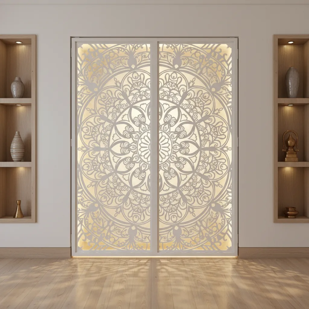 modern laser cut metal pooja room door with mandala pattern