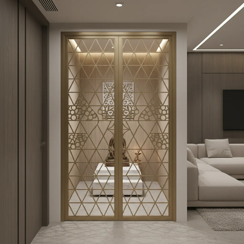 modern laser cut metal pooja room door panel with decorative patterns
