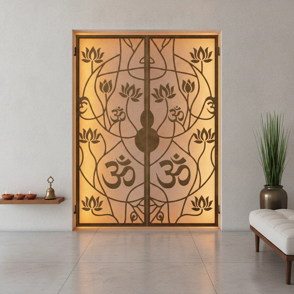 Laser cut metal puja room gate with sacred motif patterns