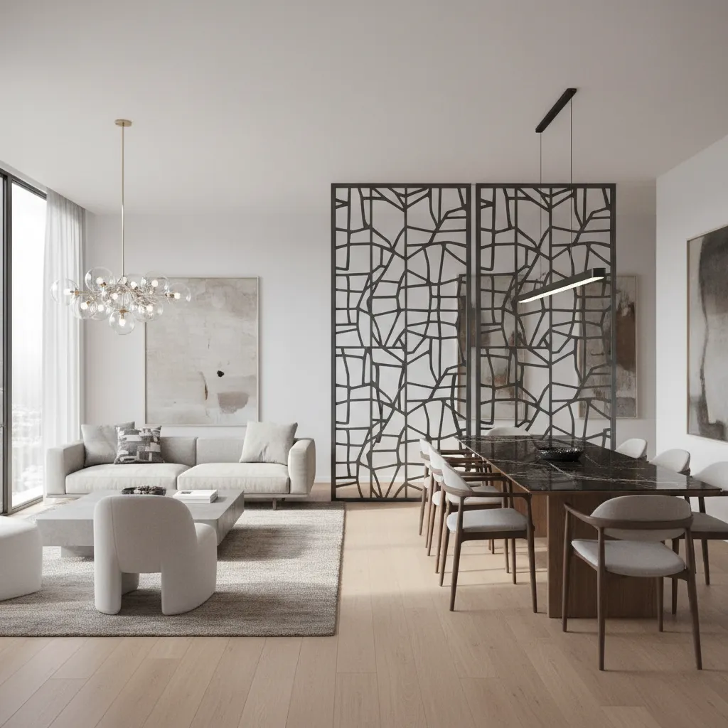 Laser cut decorative panel used as room divider between living and dining space