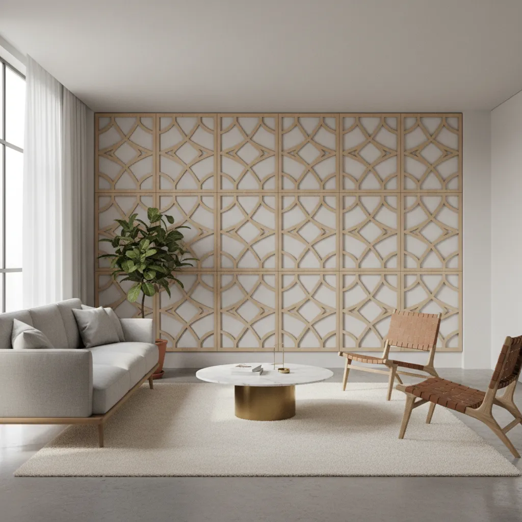 Living room accent wall featuring modern laser cut decorative panel
