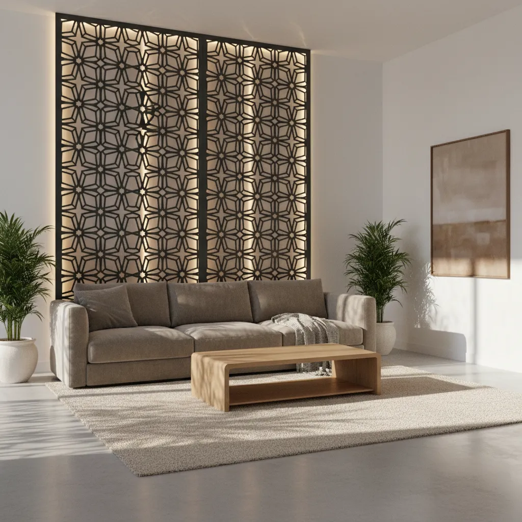 Decorative laser cut wall panel installed behind sofa in modern living room
