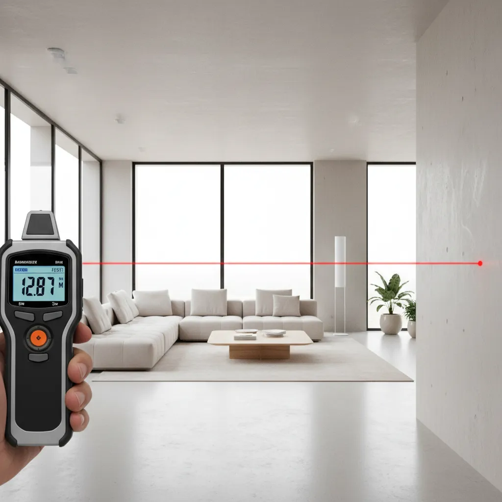 laser distance meter measuring the width of a modern living room