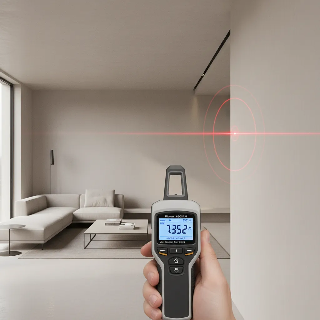 Laser distance meter measuring wall length inside a modern room