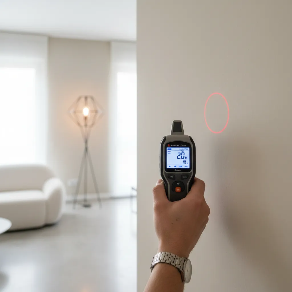 Laser distance meter measuring wall length inside apartment