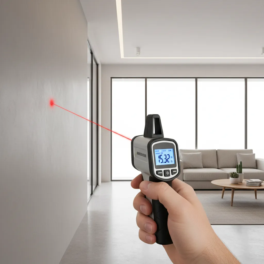 laser distance meter measuring wall length in modern room