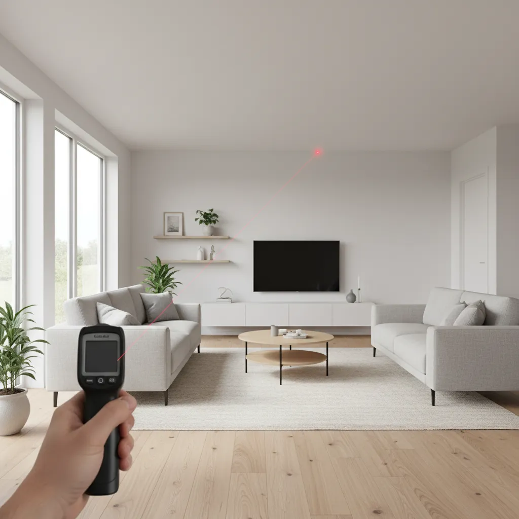 Laser device measuring across a living room showing wall-to-wall distance