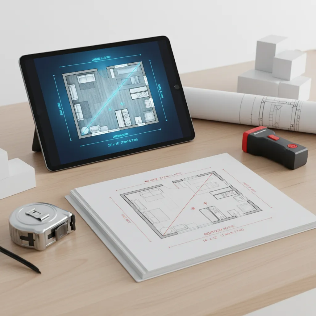 Diagram showing diagonal measurement check in a rectangular room layout