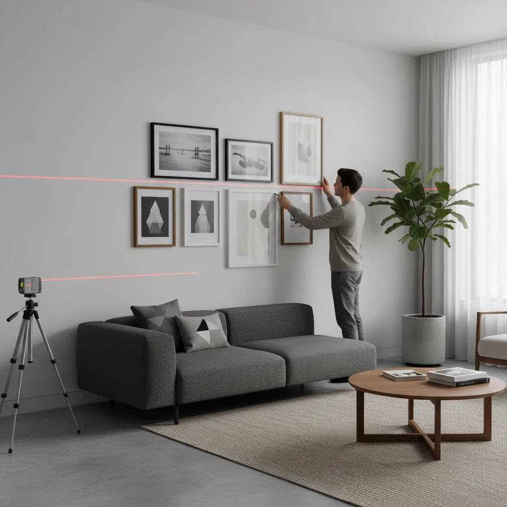 Laser level projecting straight line across wall for aligning picture frames