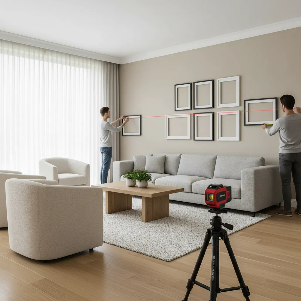 Laser level projecting horizontal line across wall to align picture frames