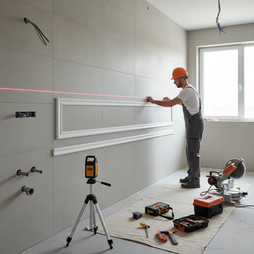 laser level used to align chair rail height on bathroom wall
