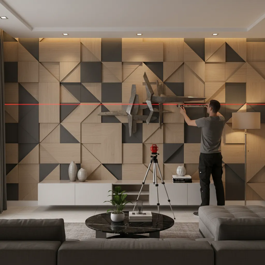 Laser level aligning wall mounted decorative panels
