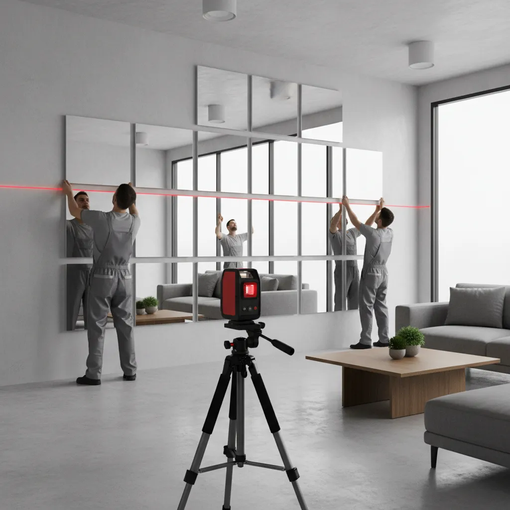 Laser level projecting horizontal line across wall for mirror alignment