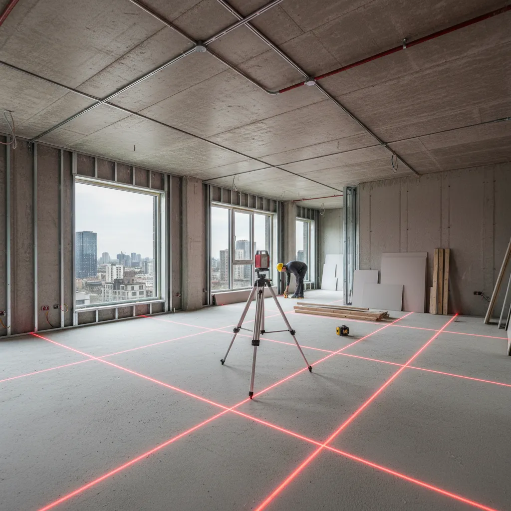 Laser level projecting straight layout lines across a room floor