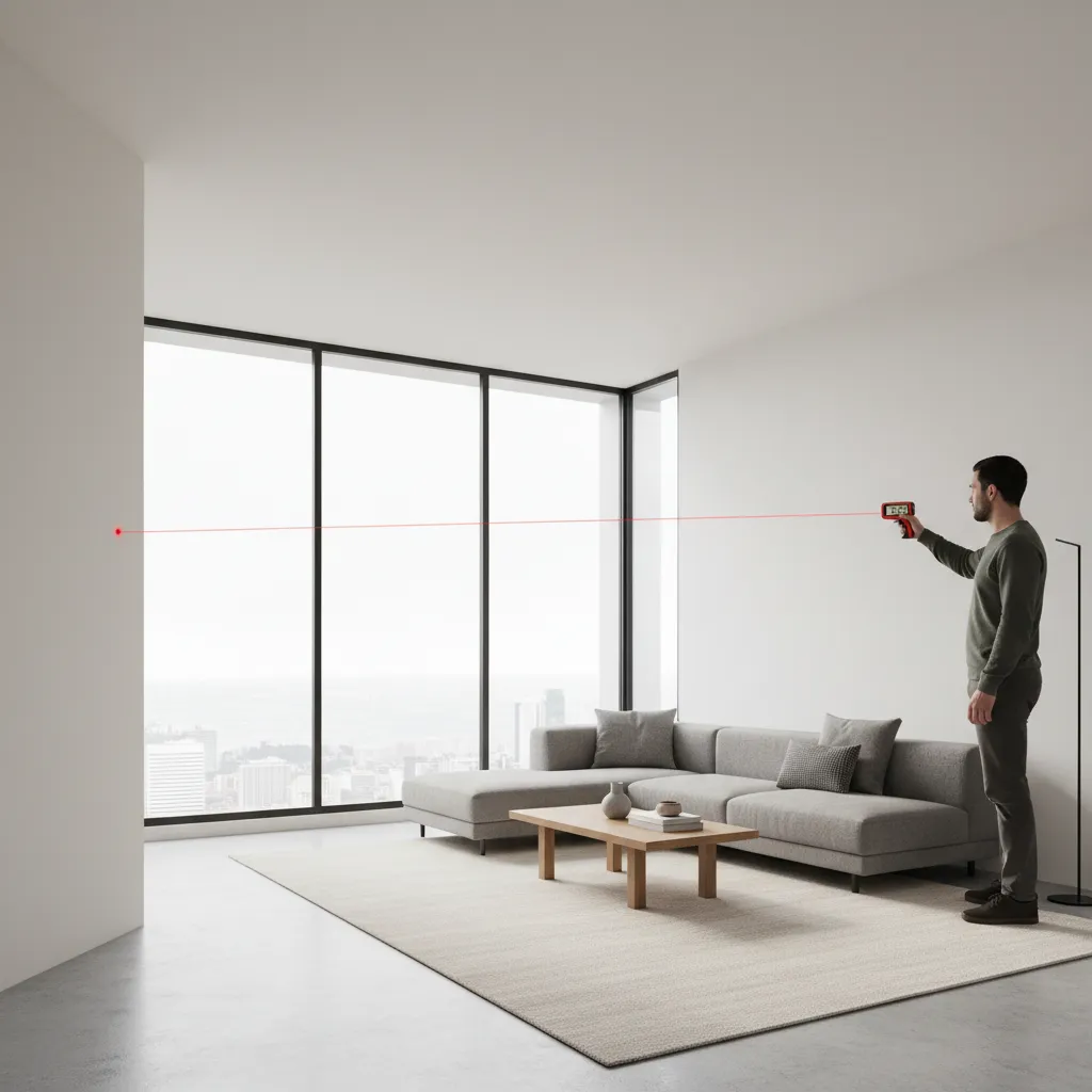 Laser distance measurer being used to measure a living room wall for floor plan accuracy