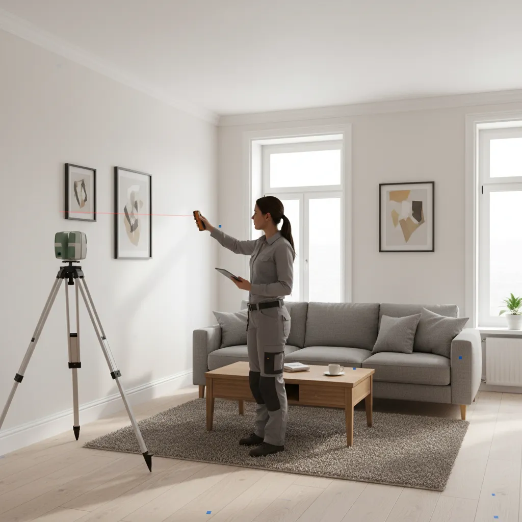 Surveyor using a laser measuring device inside a house to capture room dimensions