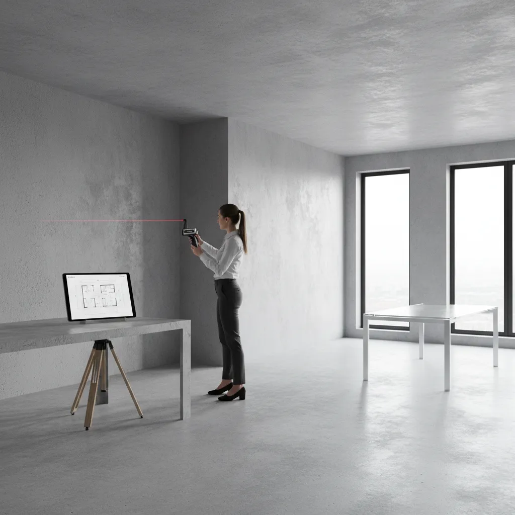 Designer verifying room dimensions with laser meter before creating a floor plan