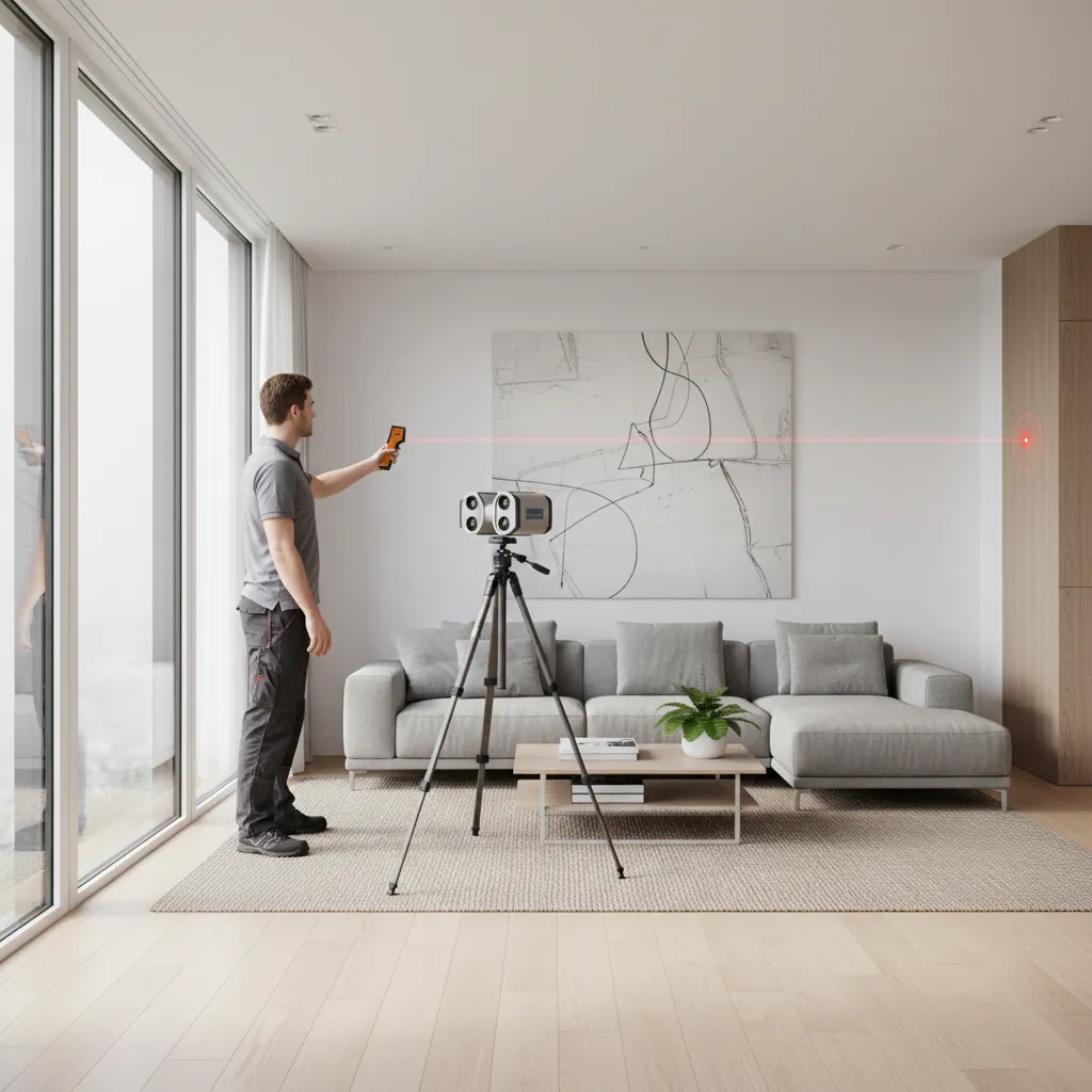 technician measuring a house interior with laser device for floor plan reconstruction
