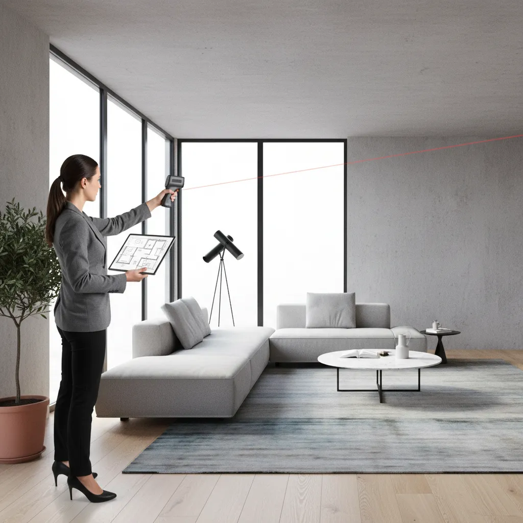 Laser distance meter measuring a living room for floor plan documentation