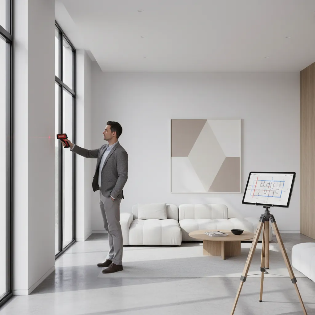 designer using laser measurement tool to verify room dimensions for accurate floor plan