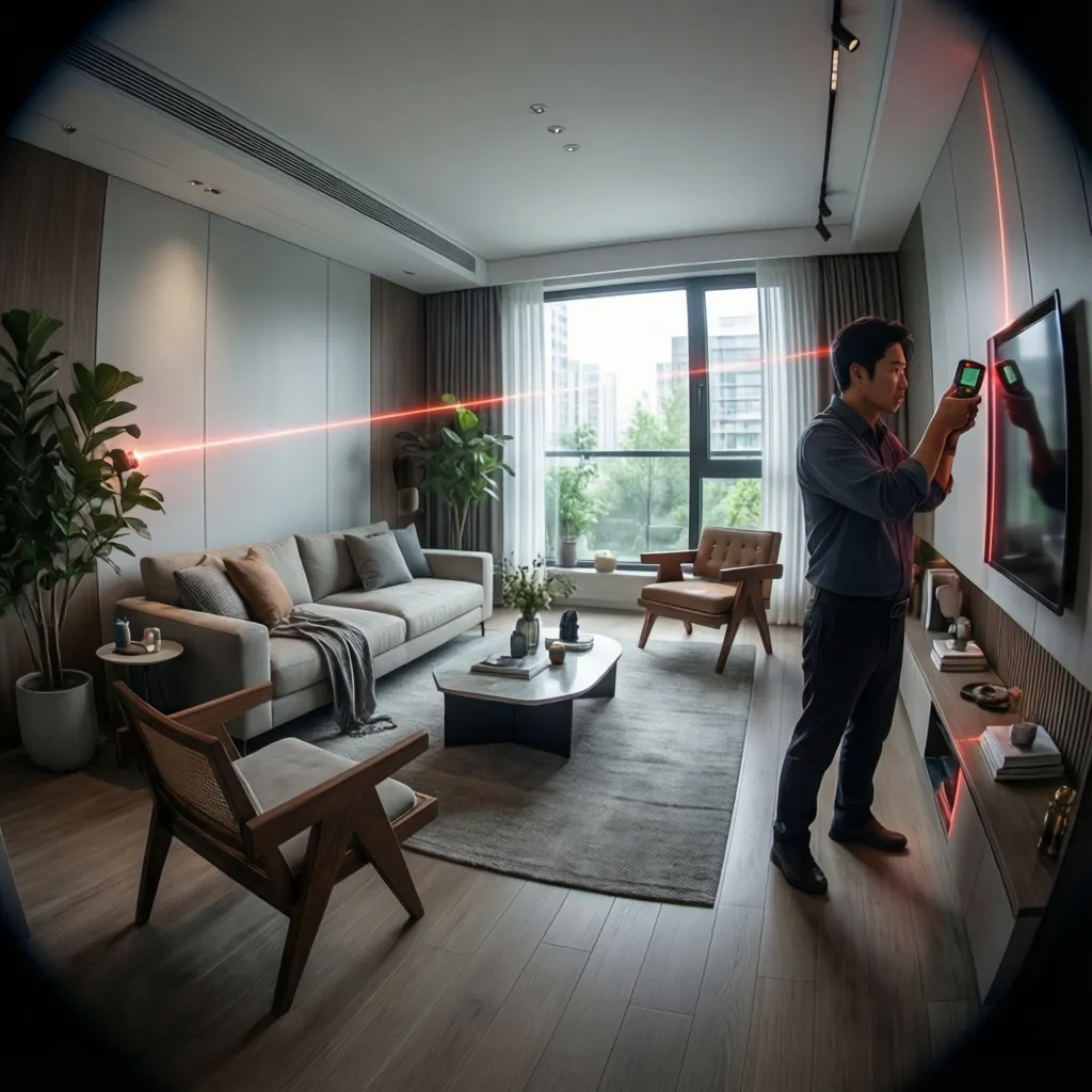 Person measuring a room wall with a laser distance meter